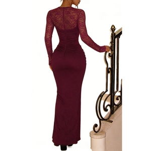 Robe longue en dentelle bordeaux pour femme, manches longues, détail corsage en dentelle transparente, robe de soirée élégante - Product Image 6