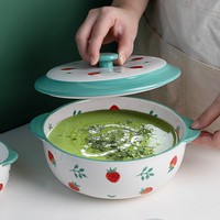 Ménage Binaural Pot 1.5L Chinois De Service En Céramique Grands Bols À Soupe Bol À Pâtes En Grès Vert Avec Couvercle
