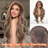 Perruque synthétique 13x6 Lace Front longue bouclée dégradée brun clair ondulée pour femme, avec ligne de cheveux naturelle, pour usage quotidien