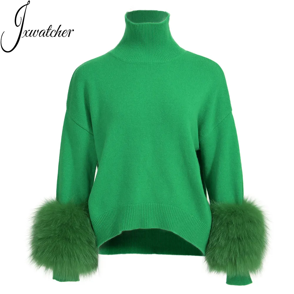 Wholesale Wool Cashmere Winter Stylish Pullover Knit Sweater Big Real Fox Fur Cuffs Soft Warm Women Pullover Sweater with Fur