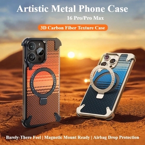 Funda Magnética para Teléfono con Textura de Fibra de Carbono y Marco de Aluminio sin Marco para iPhone 16 Pro Max con Soporte de Anillo y Protección Antigolpes - Product Image 4