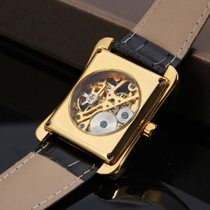 Ganador SLZa62 mecánico de los hombres mano sinuoso <span class=keywords><strong>reloj</strong></span> antiguo hombre esqueleto de oro cuadrado Dial correa de cuero Relojes - Product Image 5