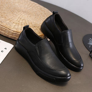 Lukangyuan Men's <b>Round</b> Toe Loafers Black Genuine Leather Slip-On <b>Cushioned</b> Rubber Sole All Seasons Chunky Shoes - Product Image 3