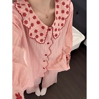 Pyjama coréen doux brodé floral à col Claudine en polyester à manches longues respirant pour femme – Ensemble de vêtements d'intérieur printanier