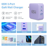 Chargeur mural compact 3 ports 65W GaN PD3.0 USB C QC USB A pour ordinateur portable, téléphone, charge rapide