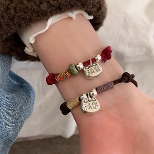 Retro Chinese Style Pure Silver Lucky Charm <b>Bracelet</b> Red Brown <b>Rope</b> Unisex Everyday Wear - Product Image 1