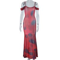Robe longue décontractée moulante sexy transparente en maille imprimée sans manches à col halter pour femme