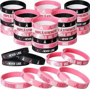 Eco-friendly Pink Awareness Ribbon câncer de mama Sports Pulseira Nome Personalizado Pulseira Ajustável Fitness Silicone Pulseiras