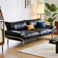 Vintage Bauhaus Schwarzes Leder-Sofa, Designer-Couch mit Hohen Edelstahlbeinen für Kleine Wohnzimmer