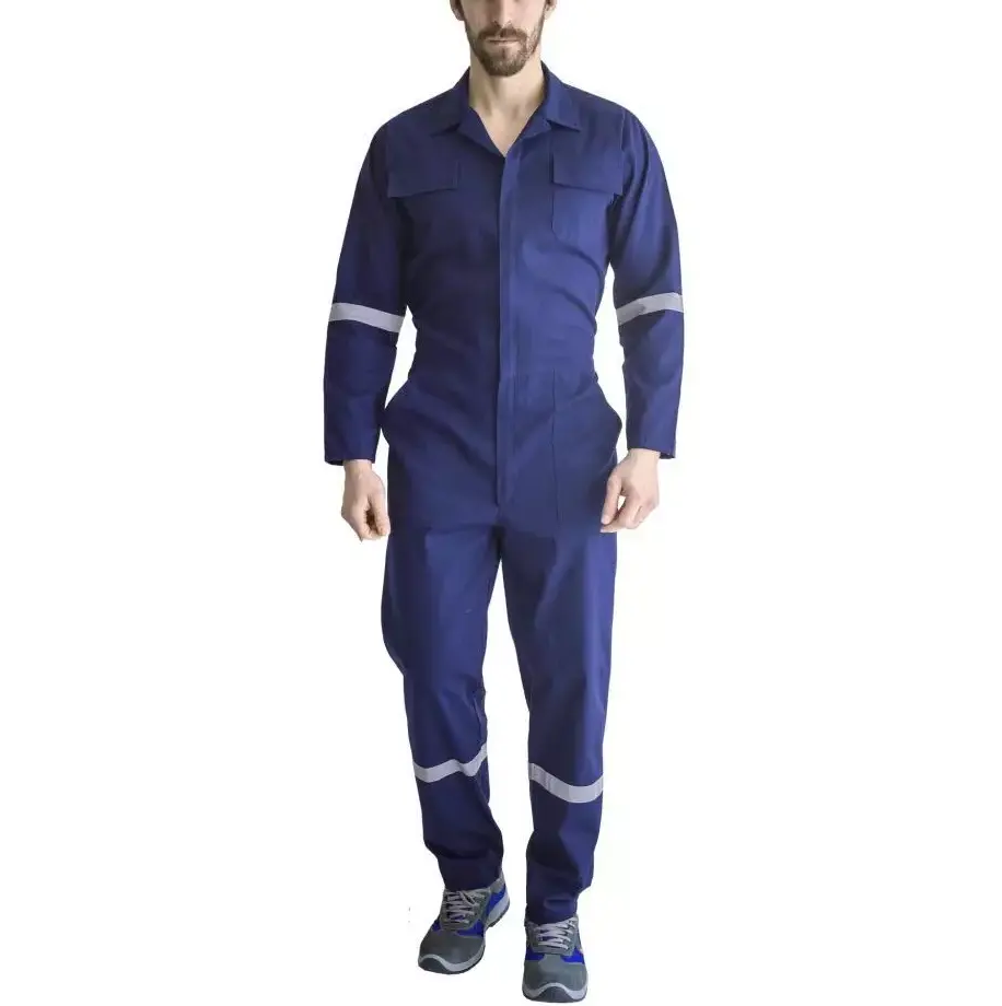 WORKWEAR Navy Blue spring summer thin twill plain long sleeve suit collar Cotton Coverall with Reflective Tapes