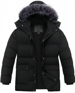 Custom <b>Men's</b> Bonded <b>Hooded</b> Puffer Parka <b>Fur</b> Trim Quilted Waterproof Breathable Windproof Winter <b>Coat</b> Zip Front Flap Pockets - Product Image 1