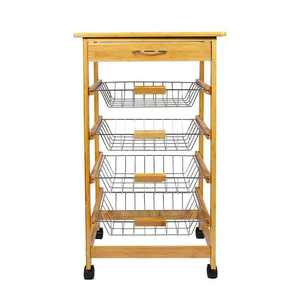 Chariot roulant multifonctionnel <span class=keywords><strong>à</strong></span> 4 niveaux en bambou pour le stockage des aliments <span class=keywords><strong>à</strong></span> la maison avec panier en métal - Product Image 2