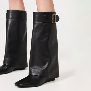 Fashion High Wedge Heels Square Toe Shoes Metal Buckles Suede Overlay <b>Boots</b> Women's Flock Knee High Booties - Product Image 2
