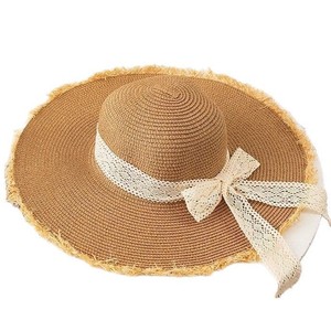 Chapeau de paille à large bord pour femme avec nœud en dentelle, protection solaire pour la plage, chapeau d'été souple en herbe naturelle, 56-58CM - Product Image 5
