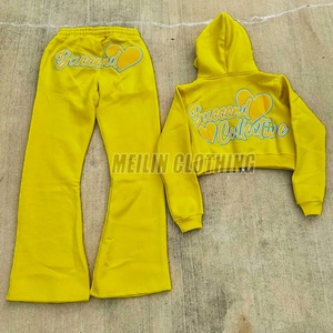 Custom Clothing Manufacturers Oversized French Terry pink Patch Rhinestone <b>Cropped</b> <b>Zip</b> <b>up</b> Hoodies Two Piece Women Sweatsuit Set - Product Image 5