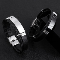 Bracelet pour hommes personnalisé graver logo simple réglable en acier inoxydable barre d'ancrage tressé noir en cuir PU