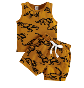 Ensemble de 2 pièces pour enfants, débardeur en coton à imprimé dinosaure et short uni pour bébés et jeunes garçons, style décontracté d'été - Product Image 2