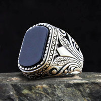 Bague turque en pierre d'agate plaquée argent antique Bijoux de mode pour hommes élégants pour les mariages, les fêtes et les anniversaires Design original