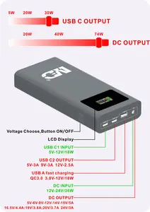 شاحن حاسوب محمول USB-C مزدوج 20000 مللي أمبير بنك طاقة عالي 7 فولت -24 فولت خرج تيار مستمر متوافق 1A-3A للأجهزة تتضمن البطارية جهاز توجيه الواي فاي