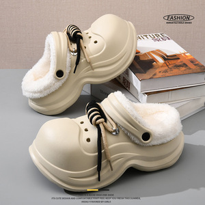 Women's Thick Soled Cotton Slippers Winter Warm Fleece Lined Non Slip Outdoor Wearable Leisure Shoes <b>Sand</b> Color - Product Image 1