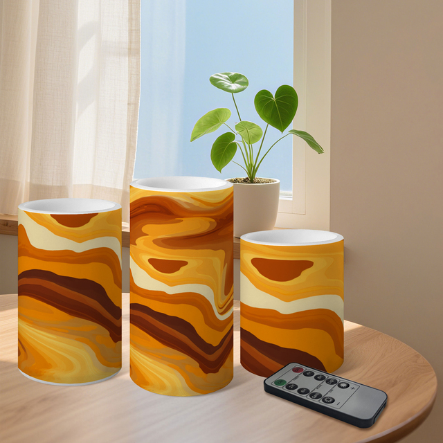 Factory Direct Wholesale Golden Amber Mood Flameless LED Pillar Custom Candles 3PCS Irregular Wave Design with Remote Control