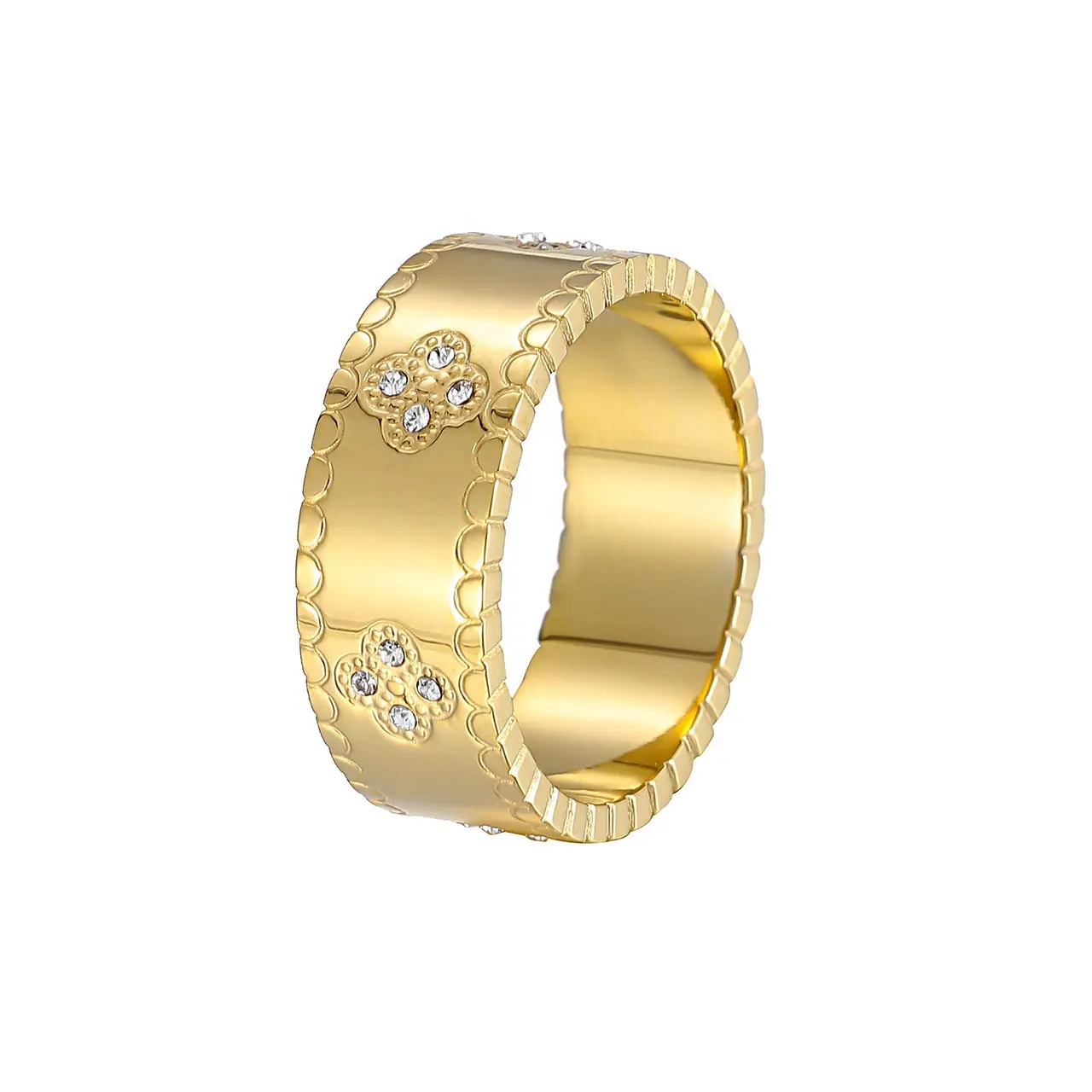 Anillo grueso de la suerte de trébol de cuatro hojas con diseño de flor de circón exquisito, joyería impermeable de compromiso de moda inoxidable de 18K