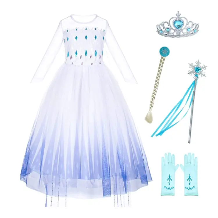 Long sleeve Girl Princess Elsa Dress White Snow Party Dress With Sequin For Halloween Cosplay Carnival Costumes Dress up