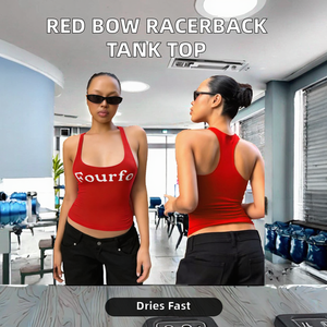 Character Print Front Red Bow Racerback Tank <b>Top</b> Women Summer Hot Sale U-Neck Backless Knit Breathable Eco-Friendly Sporty - Product Image 2