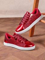 Sneakers tendance à paillettes rouges pour femmes, chaussures décontractées scintillantes pour les soirées, logo personnalisé, écologiques et confortables