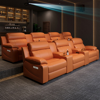 Ensemble de canapé sectionnel inclinable électrique pour home cinéma, en cuir véritable orange, avec LED, design mural, 2 porte-gobelets, mobilier de salon OEM