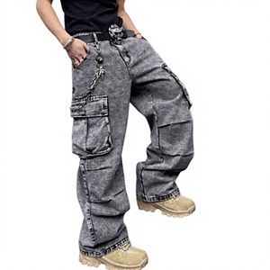 Pantalon cargo en denim délavé pour homme, taille haute, coupe ample, style streetwear, pour l'automne, en coton mi-lourd, couleur unie - Product Image 1