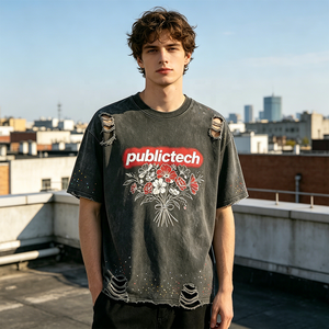 Custom Premium Acid <b>Wash</b> Distressed Graphic Unisex Oversized Digital Print 100% Cotton Men's T-Shirt with Rhinestone Embellish - Product Image 3