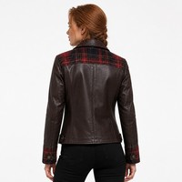 Chaqueta de Motociclista para Mujer, Estilo Británico, con Panel de Cuero PU de 480 g/m², Diseño Tartán, Cuello Moto, Logotipo Personalizado OEM, Venta al Por Mayor