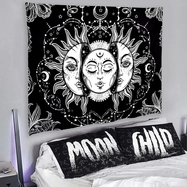 Sun and Moon Tapestry Burning Sun with Star Tapestry Black And White Psychedelic Mystic Tapestry Wall Hangings