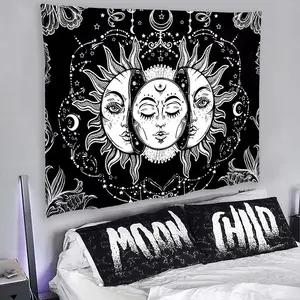 Zon En Maan Tapestry Brandende Zon Met Ster Tapijt Zwart En Wit Psychedelische Mystic Wandtapijt Wandkleden