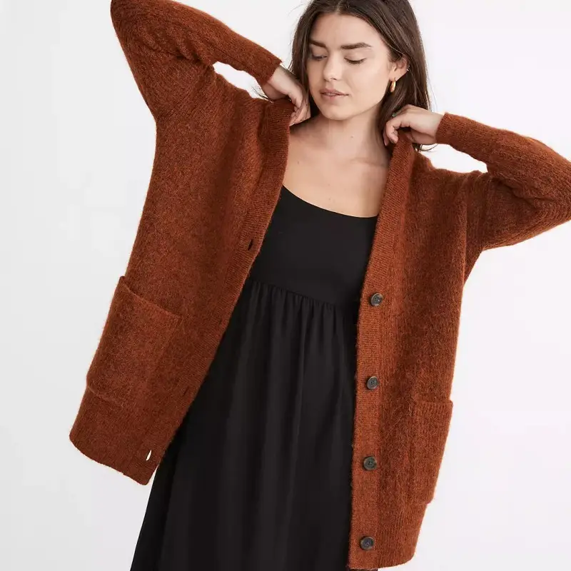 winter Spring ladieds Red cozy and cute Plussize loose chunky wool top cardigan with pockets womens sweaters