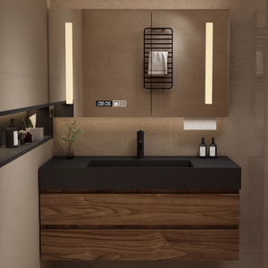 <span class=keywords><strong>Meuble</strong></span>-lavabo <span class=keywords><strong>de</strong></span> <span class=keywords><strong>salle</strong></span> <span class=keywords><strong>de</strong></span> <span class=keywords><strong>bain</strong></span> intégré moderne <span class=keywords><strong>haut</strong></span> <span class=keywords><strong>de</strong></span> <span class=keywords><strong>gamme</strong></span> <span class=keywords><strong>de</strong></span> couleur noyer avec miroir intelligent LED et lavabo - Product Image 1