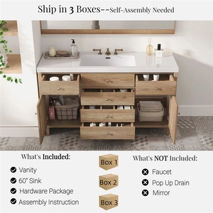 Mueble de Baño de 60 Pulgadas con Lavabo SMC, Moderno Gabinete de Almacenamiento Grande con Cajones de Cierre Suave y Puertas de Ratán - Product Image 5