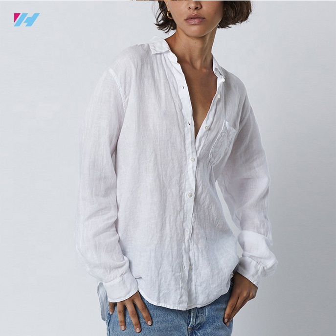 Camisa elegante personalizada de manga larga de algodón blanco y lino para mujer