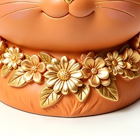 Pot de fleurs en polyrésine en forme de tête de chat souriant, 25 cm, sculpté et peint à la main, motif floral doré, ornement pour la maison et le jardin, cadeau de pendaison de crémaillère