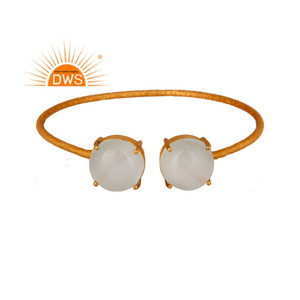 Round White Moonstone Gemstone Bangle Textured Yellow <b>Gold</b> Plated Silver <b>Adjustable</b> Bangle Jewelry Supplier - Product Image 1