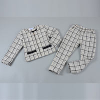 Ensemble coordonné en tweed bouclé texturé pour petites filles, motif écossais noir, veste courte zippée et pantalon long, tenue d'automne classique pour petite dame