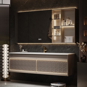 Meuble de salle de bain mural de luxe moderne avec lavabo intégré en céramique de style hôtelier et miroir intelligent - Product Image 3