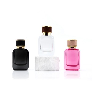 Square Glass Perfume <b>Bottle</b> with Brown Leather Cap and Gold Trim 50ml Empty Clear Red Color Options - Product Image 2