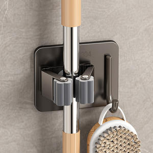 Support mural adhésif gris bronze en acier inoxydable pour balai et serpillière, sans perçage, design minimaliste, pour salle de bain - Product Image 1