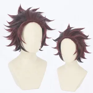 Synthetic Wig Wholesale 30cm Short Wine Red Mixed Demon Slayer Peluca Cosplay Kamado Tanjirou Wig Synthetic Anime Hair Wigs