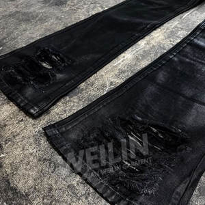 <span class=keywords><strong>Jeans</strong></span> da Uomo in Denim Cerato Svasati a Zampa d'Elefante Neri a Vita Bassa, Vestibilità Aderente, Stile Vintage con Effetto Consumato e Personalizzati all'Ingrosso - Product Image 4