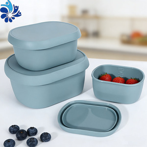 Silicone Oval <b>Lunch</b> Box <b>Set</b> 3-Piece Airtight Microwave Safe Portable For Office Workers Solid Color Rectangle Shape - Product Image 3