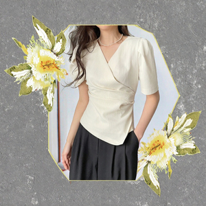 Blusa Elegante Formal para Mujer, Cuello en V, Manga Raglán, Estilo Cruzado, Color Sólido, Chifón Transpirable, Manga Corta, Primavera/Verano - Product Image 3