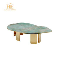 Table basse en marbre de style italien en noyer naturel et acier inoxydable, vert foncé, artisanat exquis